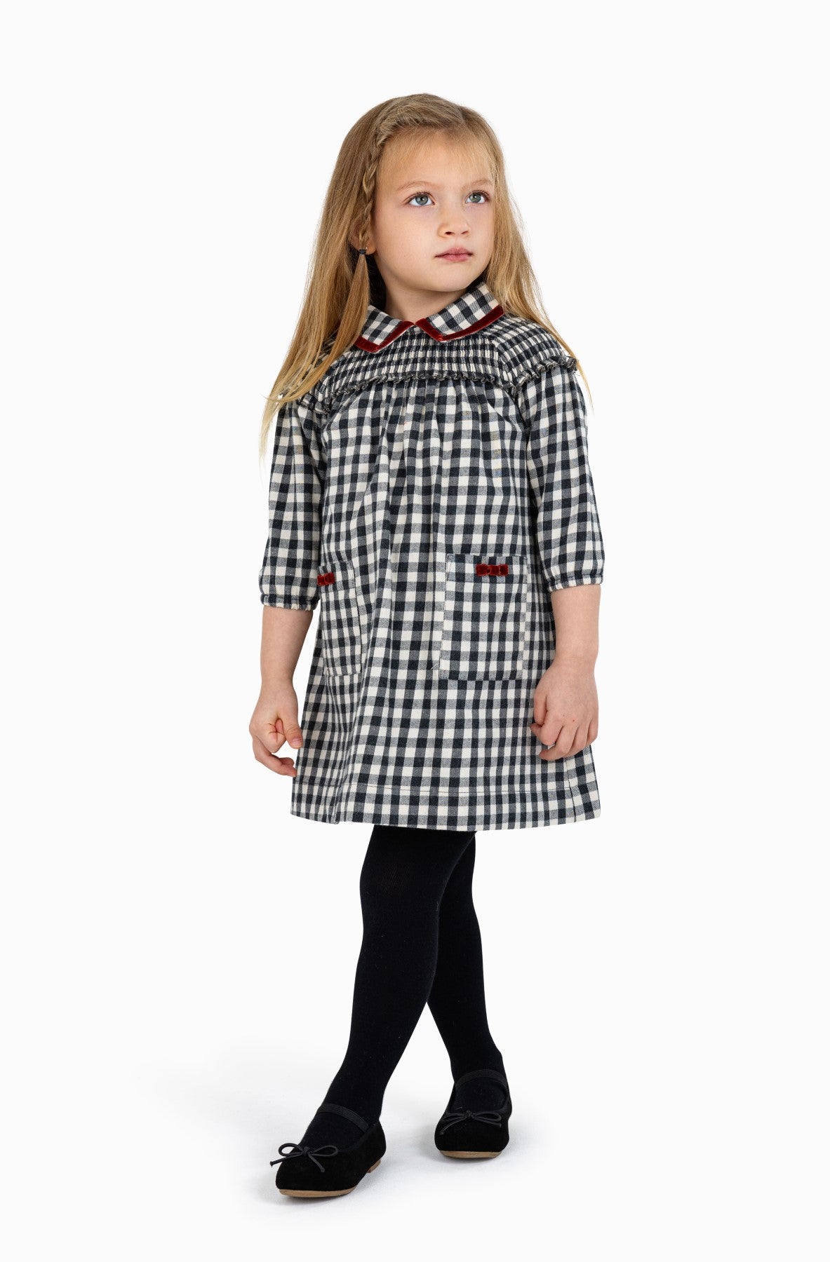 Checkered Dress with Velvet Trim