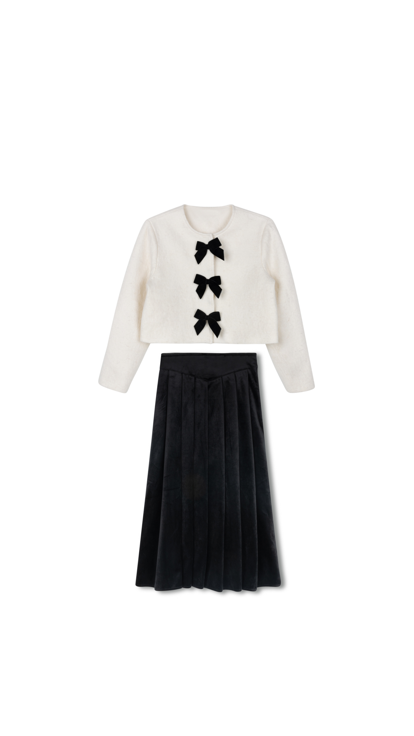 Bow Boucle Cardigan With Velvet Midi