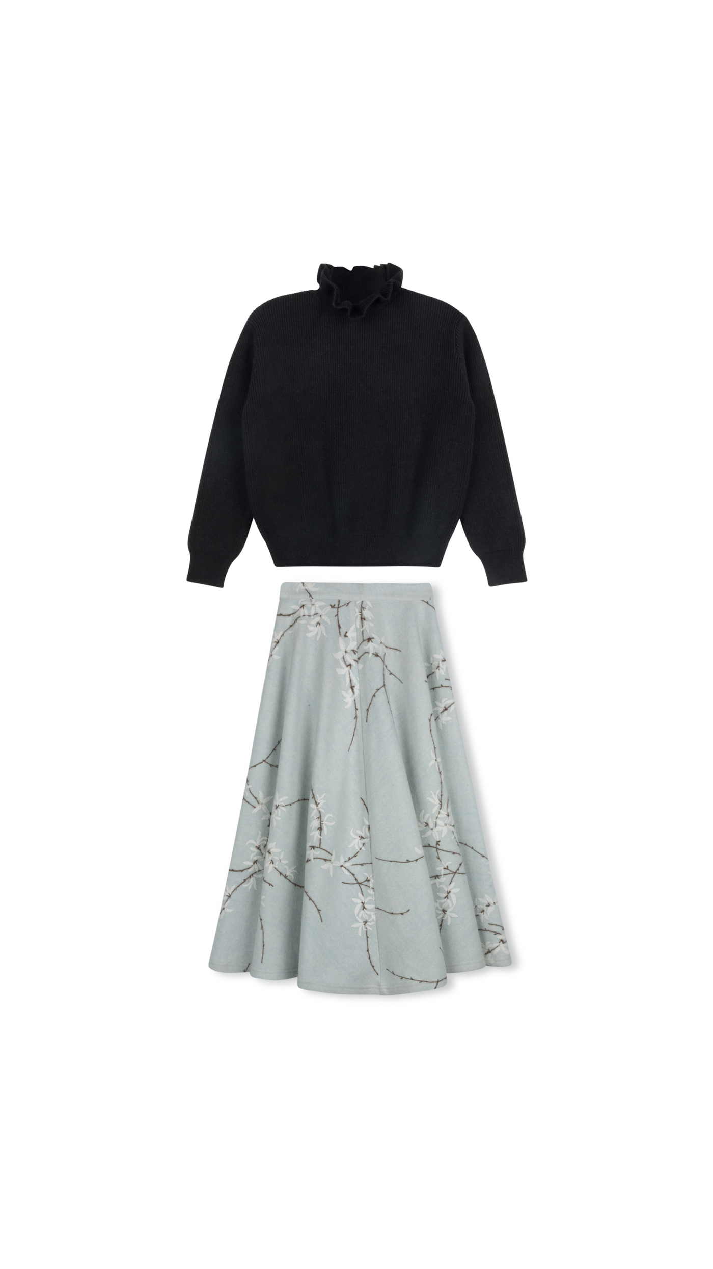 Ribbed Sweater w/ Wool Floral Skirt Set