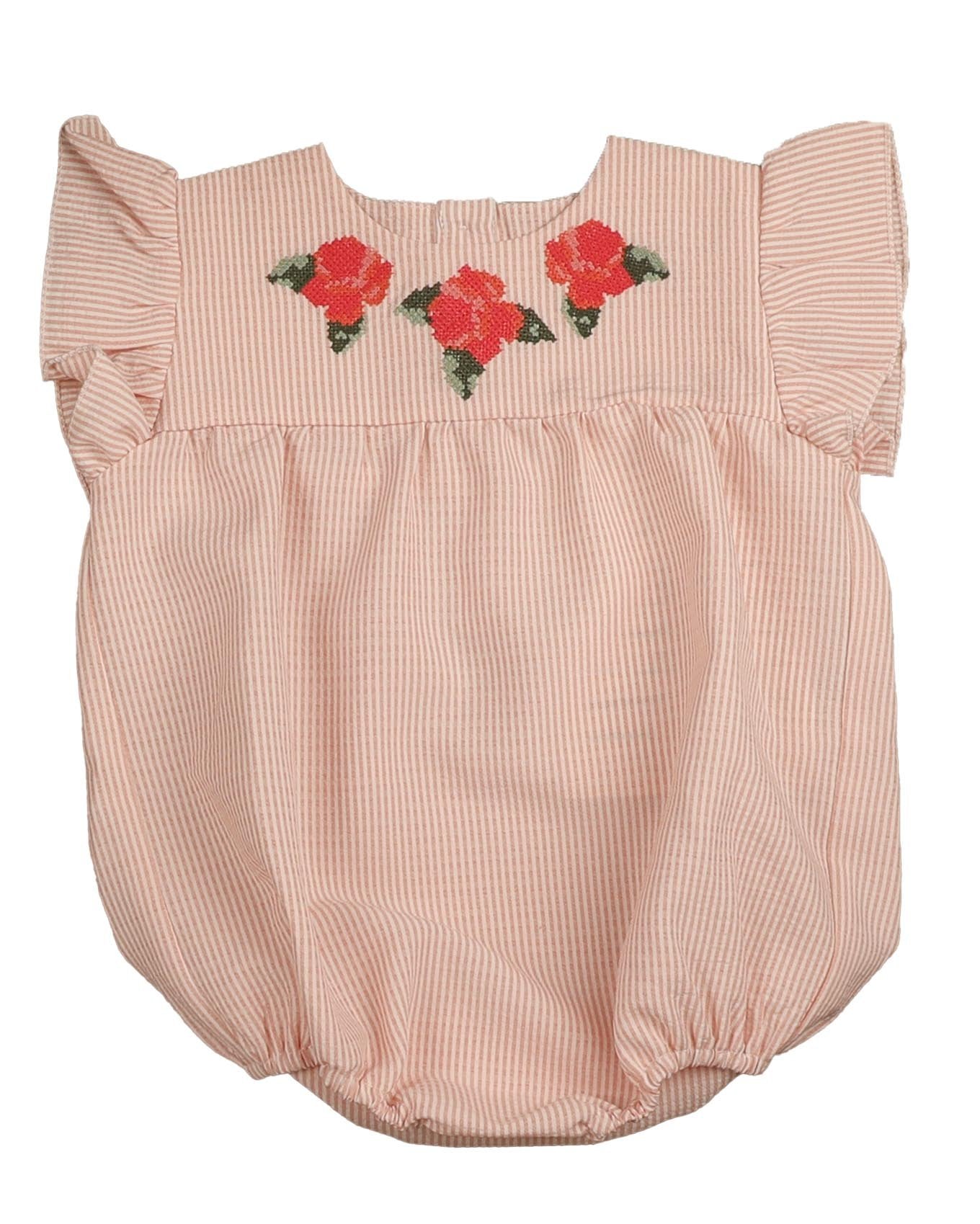 Striped Seersucker Romper Flower Embroidery