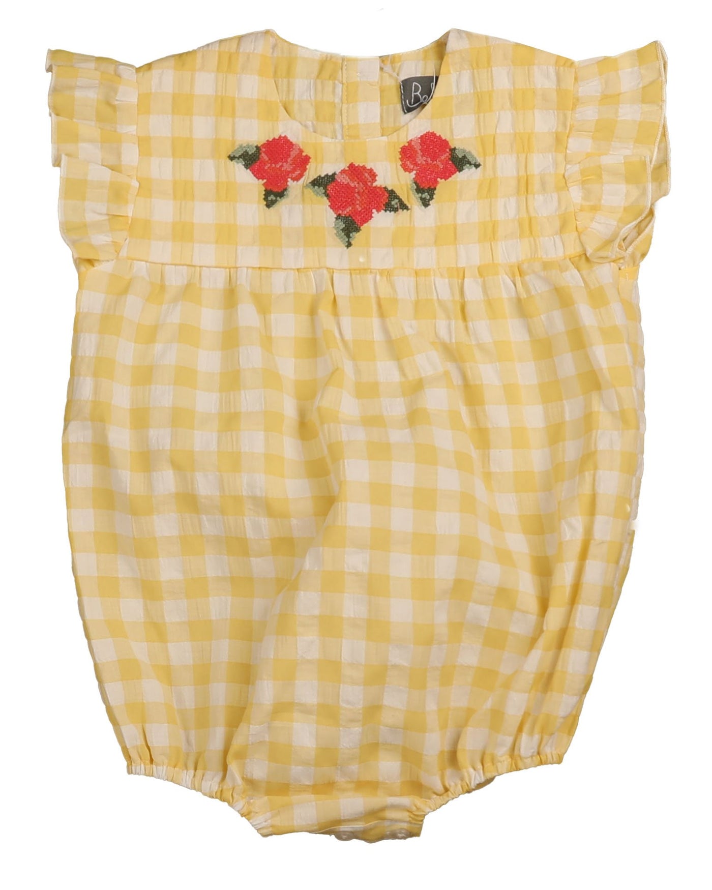 Striped Seersucker Romper Flower Embroidery