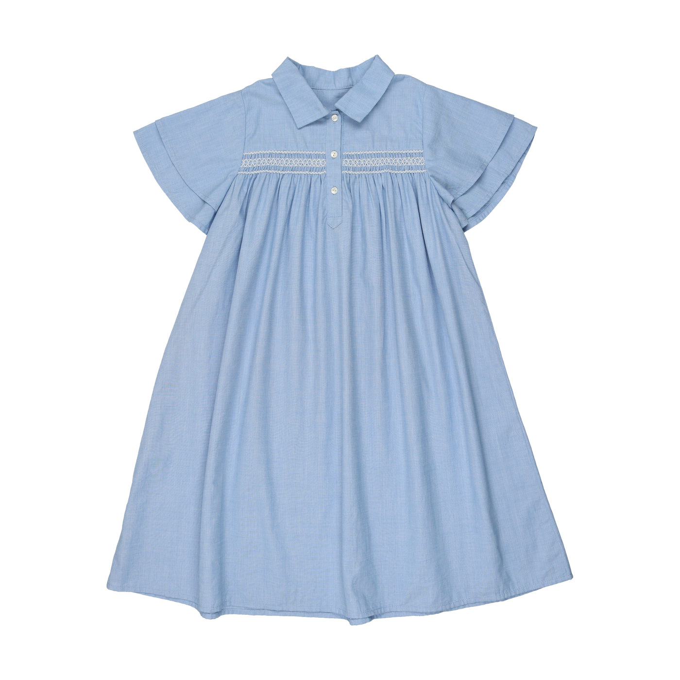 Linen Smocked Shirt Dress Flare Sleeves