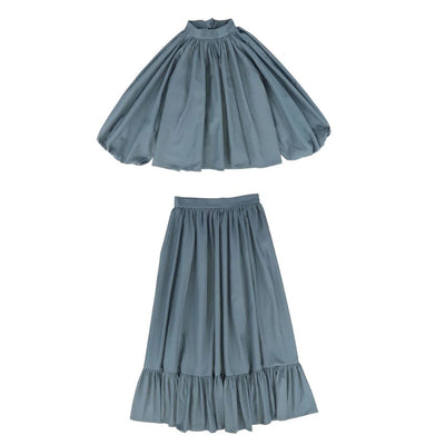 Puff Sleeve Neck Tie Blouse - Maxi Skirt Set