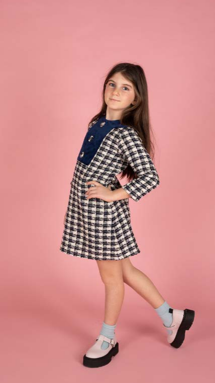 Houndstooth Dress with Velvet Inset