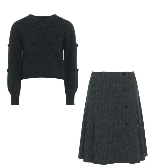 Knit Top w/ Stretch Herringbone Pleated Skirt