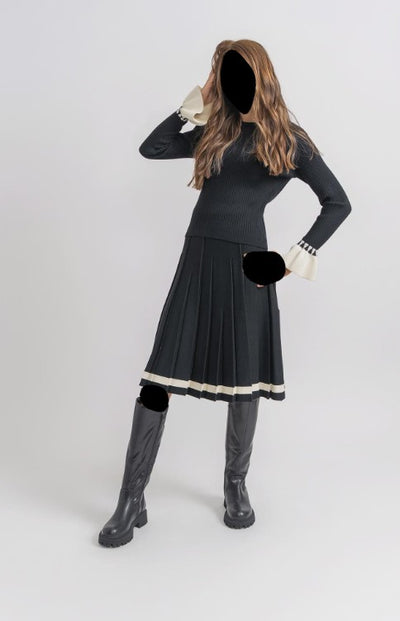 Rib Knit Belt Cuffs Top w/ Pleat Skirt Set