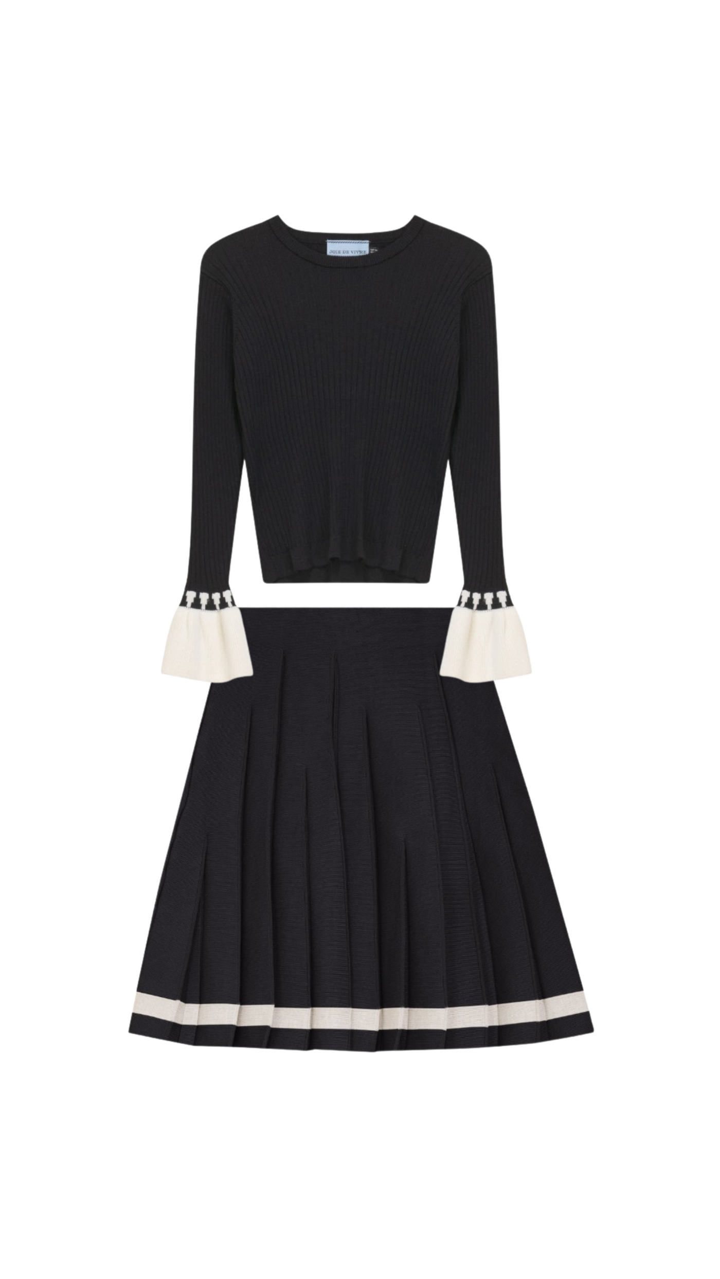 Rib Knit Belt Cuffs Top w/ Pleat Skirt Set