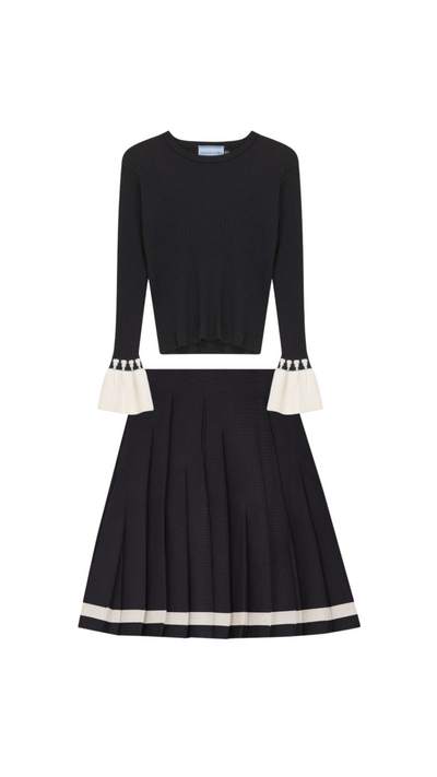 Rib Knit Belt Cuffs Top w/ Pleat Skirt Set