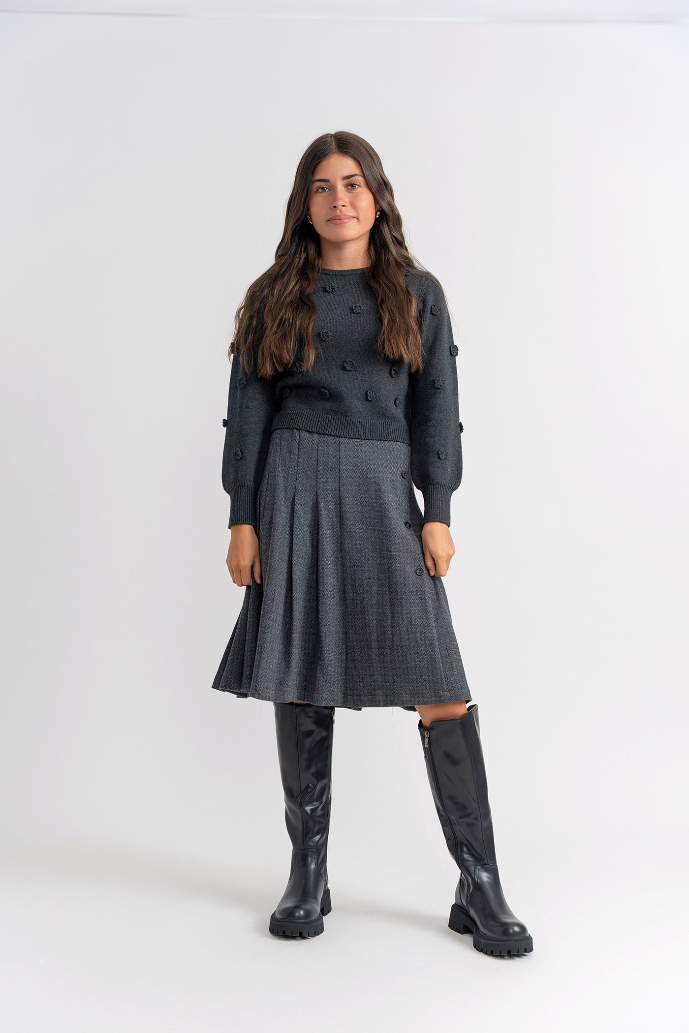 Knit Top w/ Stretch Herringbone Pleated Skirt