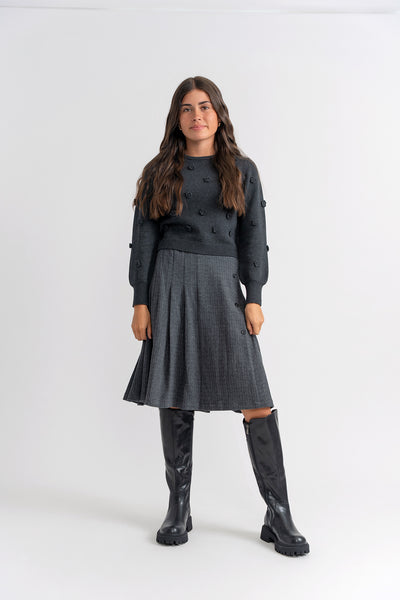 Knit Top w/ Stretch Herringbone Pleated Skirt